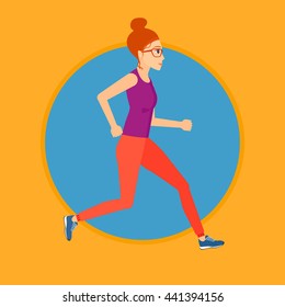 Young woman running. Female runner jogging. Full length of a female athlete running. Sports woman in sportswear running. Vector flat design illustration in the circle isolated on background.