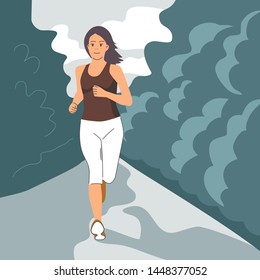 Young woman running in the forest. Vector cartoon illustration, isolated.