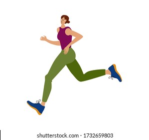 Young woman running. Girl jogging. Sport activity. Trendy, cartoon, flat, vector Illustration.