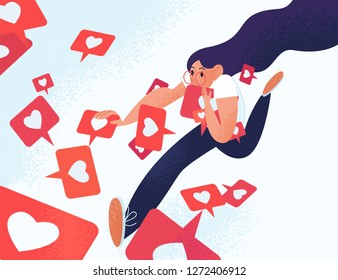 Young woman running and grabbing like notifications. Girl addicted to social media and online feedback. Addiction to internet approval and validation. Vector illustration in flat cartoon style.