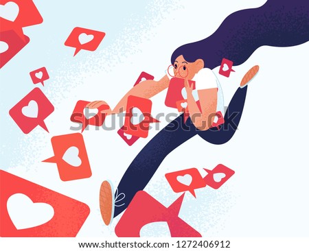 Young woman running and grabbing like notifications. Girl addicted to social media and online feedback. Addiction to internet approval and validation. Vector illustration in flat cartoon style.