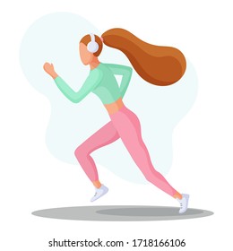 Young woman running in headphones. Healthy lifestyle, sports, self care. Flat vector illustration. 