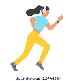 Young woman running with headphones. Healthy lifestyle, sport, jogging and self care. Flat vector illustration.