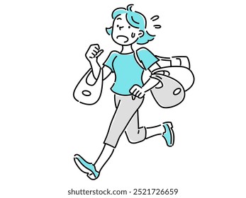 A young woman running in a hurry with many shopping bags