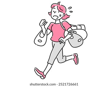 A young woman running in a hurry with many shopping bags