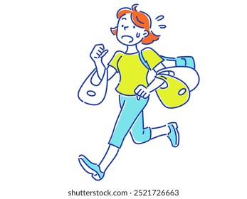 A young woman running in a hurry with many shopping bags