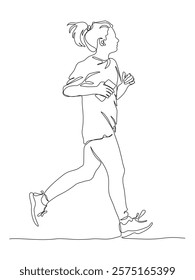 Young woman running or jogging. Holding mobile phone. Continuous line drawing. Black and white vector illustration in line art style.