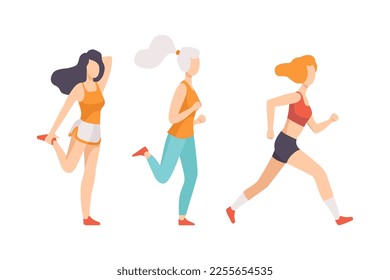 Young Woman Running Marathon Engaged in Sport Training Vector Set