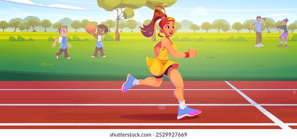 Jovem correndo no estádio. Ilustração em desenho animado de atleta feminina jogging, treinamento para maratona, crianças jogando bola no parque de verão, pessoas exercitando-se de manhã, treino ao ar livre