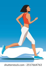 Jovem correndo. Correndo na rua. Mulher fazendo esportes, correndo em roupas esportivas. Participação em corridas esportivas, competições esportivas. Ilustração vetorial em estilo plano