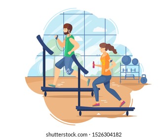 Young woman running on treadmill with water bottle, man listening to music on smartphone while running. Room gym people fitness classes with sports equipment cartoon vector illustration