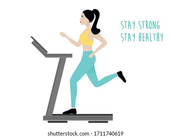 Young woman running on treadmill in gym fitness vector illustration. Stay strong stay healthy concept background