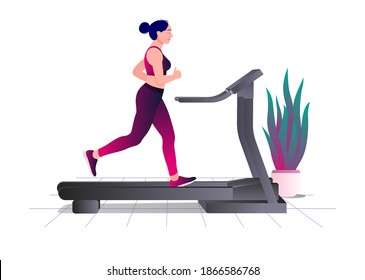 young woman running on a treadmill. Woman workout fitness, aerobic and exercises. Vector Illustration.