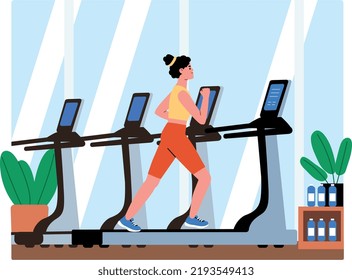 Young woman running on treadmill. Jogging in the gym, sport club. Girl working out. Cardio exercises, training. Cartoon flat vector illustration.