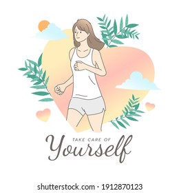Young woman running outdoors activity on heart background. Self care, love yourself icon, lifestyle or body positive concept. International Women's day. Hand draw style. Vector illustration.