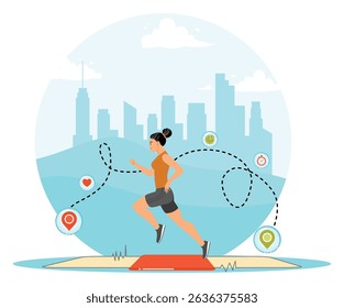 A young woman running outdoors with fitness icons representing health tracking. The backdrop shows a city skyline under a blue sky. Sporty young girls concept.