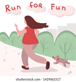 Young woman running in park with her pet. Motivational phrase Run for fun. Vector illustration.
