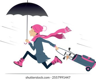 Young woman running to play golf. Wind. Rainy weather. Cartoon running woman in the warm cloth holding an umbrella and golf bag	