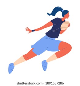 Young woman running with rugby ball. Vector sport illustration with young healthy female character