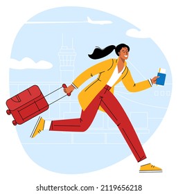 Young woman is running in rush to boarding with suitcase in the airport terminal. Flat design travel and vacation vtctor concept.