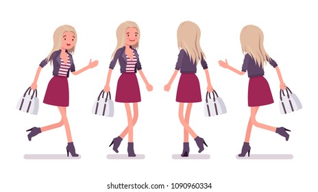 Young woman running and walking. Millennial girl, attractive blonde lady with bag in trendy jacket, above knee skirt, heeled ankle boots, youth urban fashion. Vector flat style cartoon illustration
