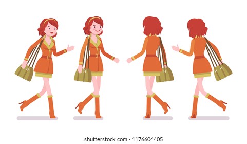 Young woman running and walking. Millennial girl, attractive red-haired lady with bag in trendy jacket and high boots, youth urban fashion. Vector flat style cartoon illustration, front and rear view