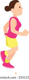 Young woman running wearing pink and yellow sportswear, promoting healthy lifestyle, fitness, and weight loss through regular exercise