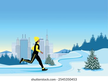 Young woman running in winter city park. Sports and recreation. Healthy lifestyle. Flat vector illustration.