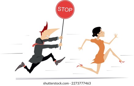 Young woman runs away from the man. 
Upset man holding banner stop trying to catch up a runaway woman. Isolated on white
