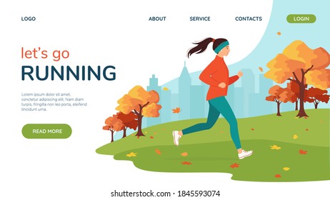 Young woman runs in the city autumn park. Landing page concept, template. Active healthy lifestyle, jogging, city competitions, running marathons, cardio workouts, exercise. Vector illustration