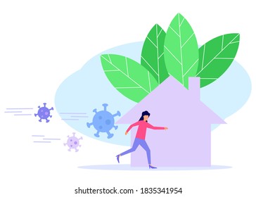 The young woman runs from the danger of the virus threat. The corona virus crisis, the concept of the covid-19 pandemic. Modern vector illustration.