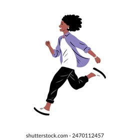 A young woman runs. Happy smile. Fun and joy. Energetic and healthy lifestyle. Flat vector art illustration isolated on white background