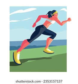 Young woman runs in the park on the street color flat illustration. Healthy lifestyle concept.  Running marathon. 