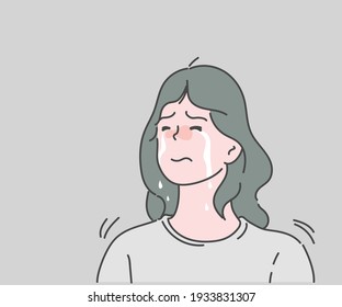 Young woman sad and crying. Hand drawn in thin line style, vector illustrations. svg