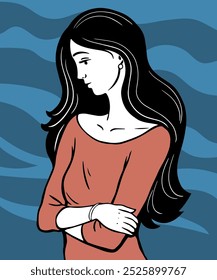 La joven está triste. Nubes oscuras sobre la cabeza de la chica. Estado de ánimo y sentimiento. Depresión, apatía y abatimiento. Salud mental y asistencia. Arte vectorial ilustración dibujado a mano