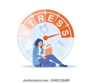 A young woman with a sad face with her laptop. Tired and frustrated due to excessive work. Stress concept. Flat vector illustration.