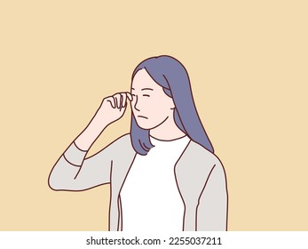 Young woman so sad her cry wipe tears with fingers simple korean style illustration