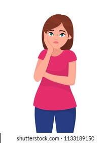 Young woman sad or unhappy expression. Vector illustration in cartoon style.