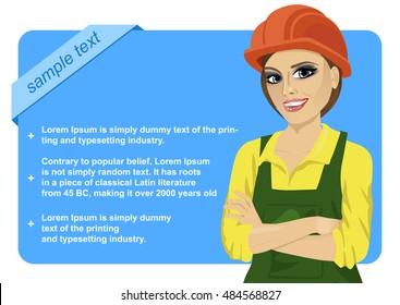 young woman with safety hard hat standing in front of a banner