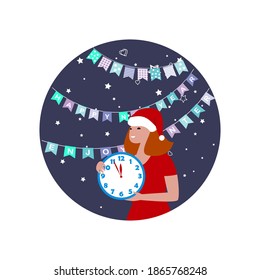 A young woman in a Santa Claus hat holds a watch in her hands on the flags and stars background. New Year theme. Vector design concept for greeting, invitation, advertisement. 