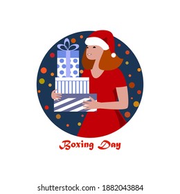 A young woman in a Santa Claus hat holds a gift boxs in her hands on the circle background. Boxing day. Gifts time. New Year theme. Vector design concept for greeting, invitation, advertisement. 