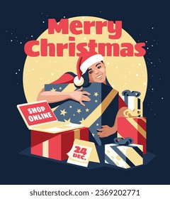 A young woman in a Santa Claus hat hugs a gift box. Large gift boxes for Christmas. Snowfall. Online stores advertising poster, banner, postcard. Vector flat illustration