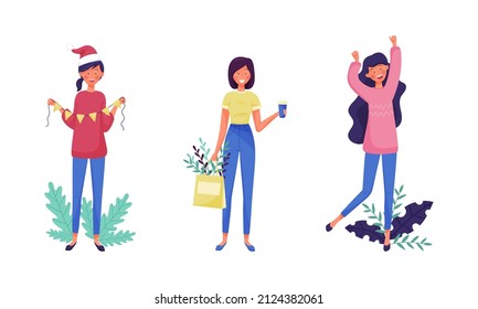 Young Woman in Santa Hat Holding Garland and Cheering Vector Set