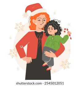 Young Woman in Santa Hat Holding Daughter