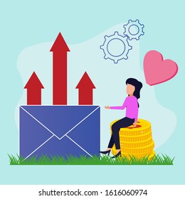 The young woman sat on a pile of coins next to a large envelope and the graphics continued to climb. Financial consultant, successful and happy. Modern vector illustration