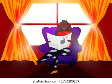 A young woman sat and read a newspaper on the sofa in the morning sunshine. Is an activity to stay at home, read a book without going out crowded outdoors. Vector illustration design.