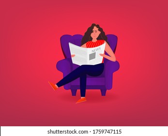 A young woman sat and read a newspaper on the sofa in the morning sunshine. Is an activity to stay at home, read a book without going out crowded outdoors. Vector illustration design.