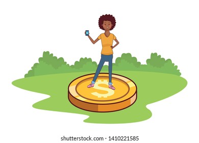 young woman saving money investment concept over coin with smartphone cartoon  at park outdoors scenery vector illustration graphic design