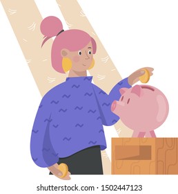 Young woman saving money in piggy bank. Concept of financial planning, money managing and saving.