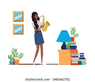 young woman with saxophone on white background